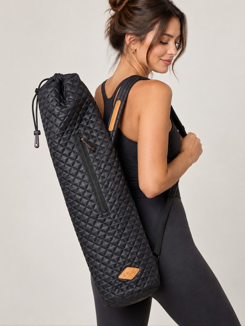 MZ Wallace Black Quilted Drawstring Yoga Mat Carrier Bag